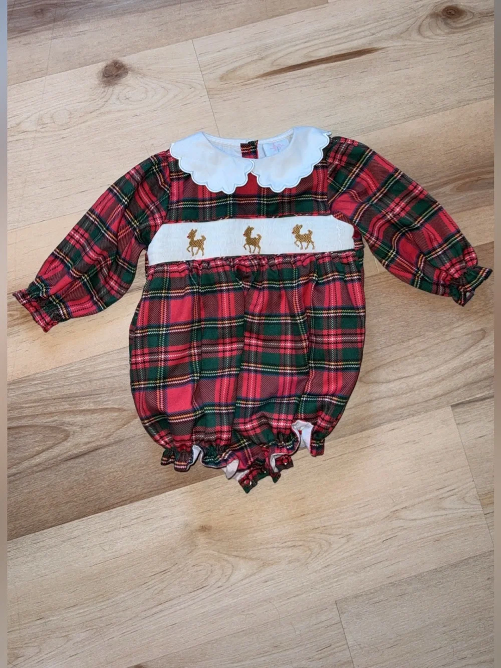 Lillie & Lilah Classic Red Green Plaid Smocked Reindeer Baby Girl Romper 12M